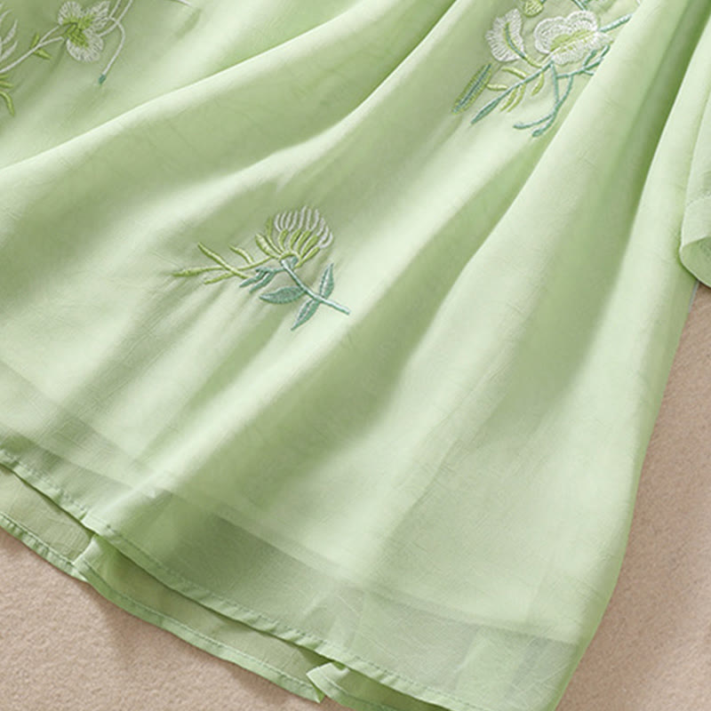 Buddha Stones Embroidery Plants Flower Half Sleeve Plain Frog-Button Stand Collar Women's Shirt