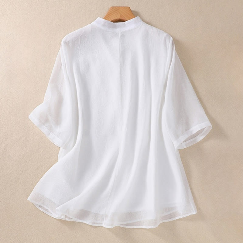 Buddha Stones Embroidery Plants Flower Half Sleeve Plain Frog-Button Stand Collar Women's Shirt