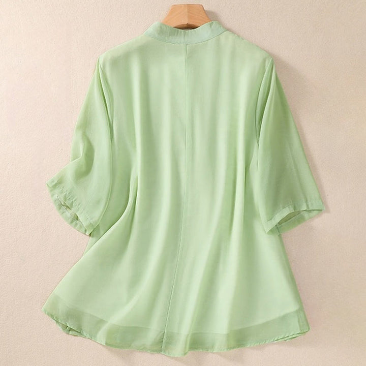 Buddha Stones Embroidery Plants Flower Half Sleeve Plain Frog-Button Stand Collar Women's Shirt - image 1