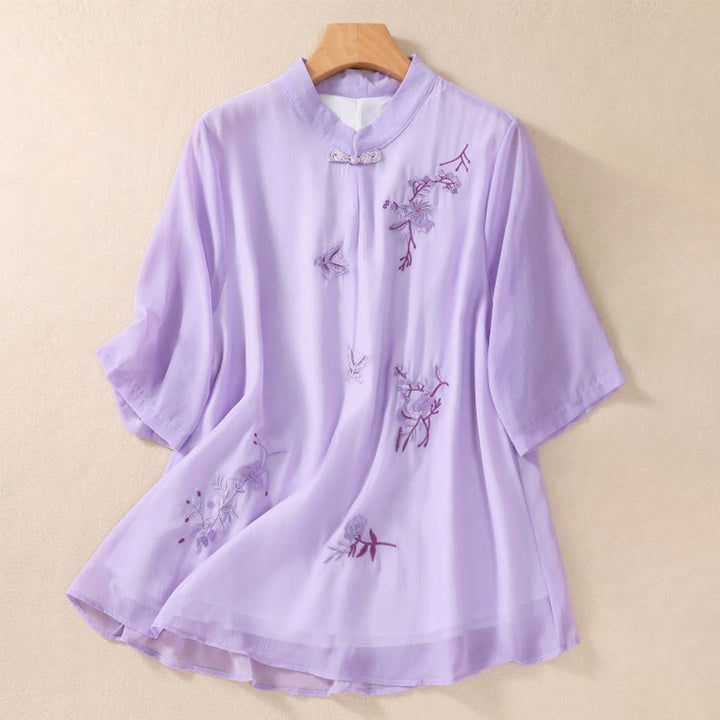 Buddha Stones Embroidery Plants Flower Half Sleeve Plain Frog-Button Stand Collar Women's Shirt