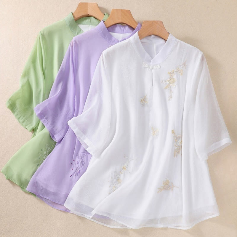 Buddha Stones Embroidery Plants Flower Half Sleeve Plain Frog-Button Stand Collar Women's Shirt