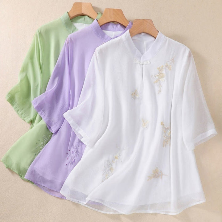 Buddha Stones Embroidery Plants Flower Half Sleeve Plain Frog-Button Stand Collar Women's Shirt