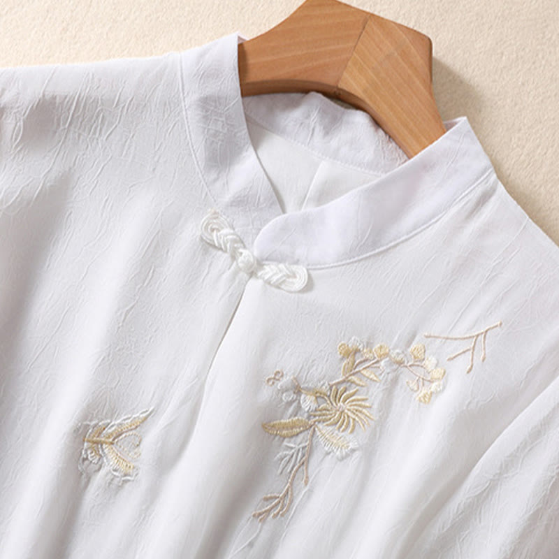 Buddha Stones Embroidery Plants Flower Half Sleeve Plain Frog-Button Stand Collar Women's Shirt