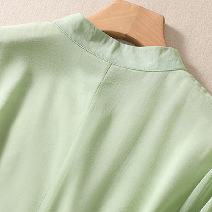 Buddha Stones Embroidery Plants Flower Half Sleeve Plain Frog-Button Stand Collar Women's Shirt - image 4