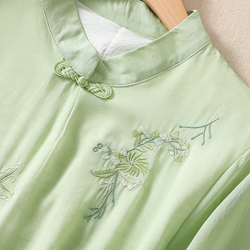 Buddha Stones Embroidery Plants Flower Half Sleeve Plain Frog-Button Stand Collar Women's Shirt