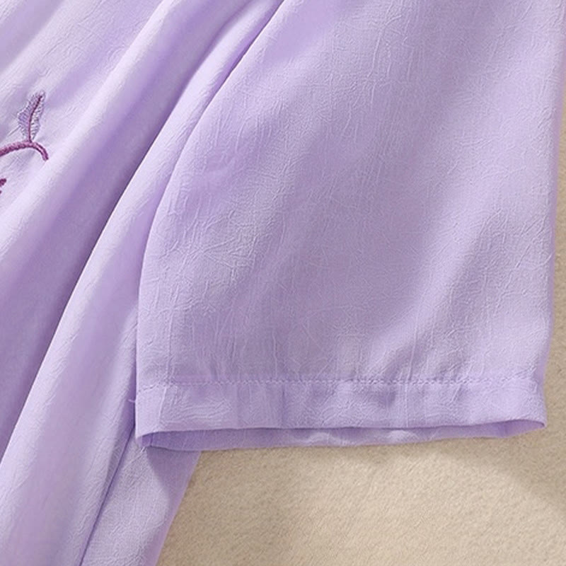 Buddha Stones Embroidery Plants Flower Half Sleeve Plain Frog-Button Stand Collar Women's Shirt - image 24