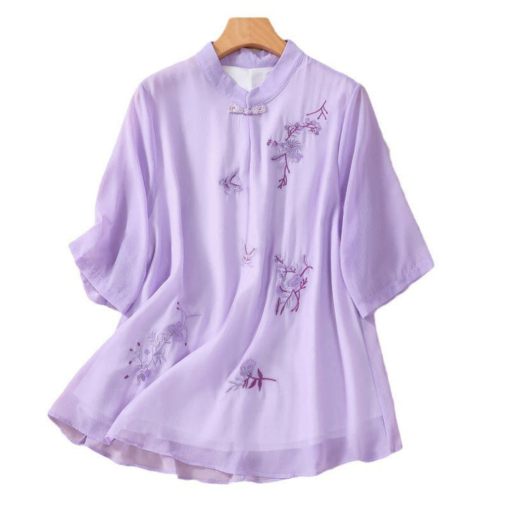 Buddha Stones Embroidery Plants Flower Half Sleeve Plain Frog-Button Stand Collar Women's Shirt