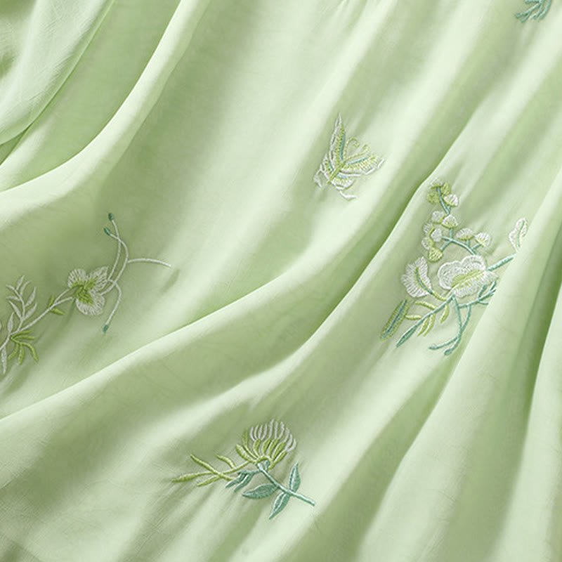 Buddha Stones Embroidery Plants Flower Half Sleeve Plain Frog-Button Stand Collar Women's Shirt