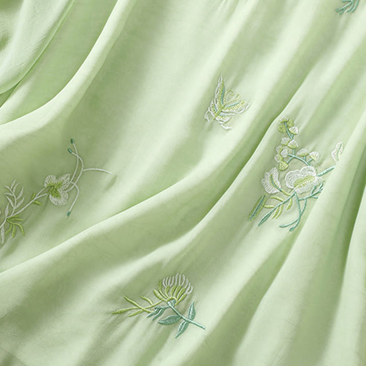 Buddha Stones Embroidery Plants Flower Half Sleeve Plain Frog-Button Stand Collar Women's Shirt