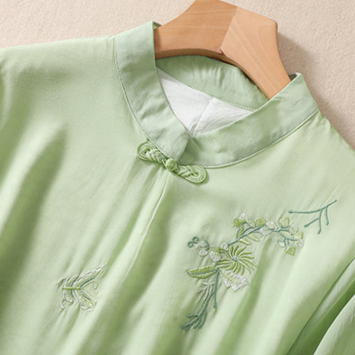 Buddha Stones Embroidery Plants Flower Half Sleeve Plain Frog-Button Stand Collar Women's Shirt