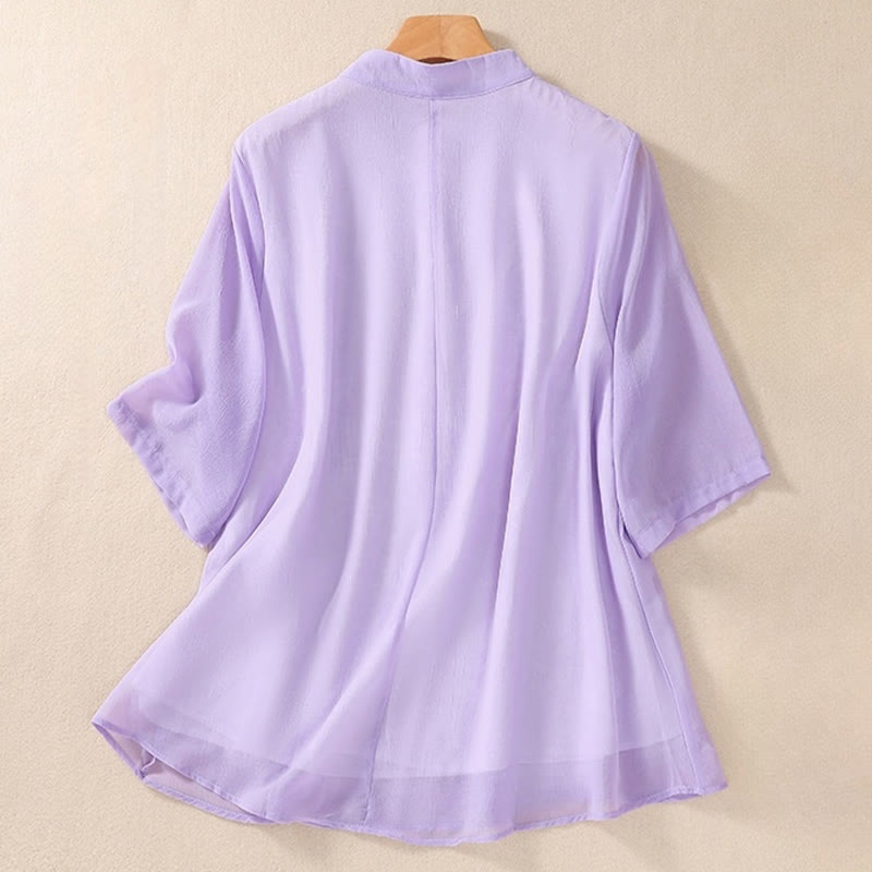 Buddha Stones Embroidery Plants Flower Half Sleeve Plain Frog-Button Stand Collar Women's Shirt
