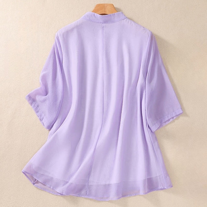 Buddha Stones Embroidery Plants Flower Half Sleeve Plain Frog-Button Stand Collar Women's Shirt