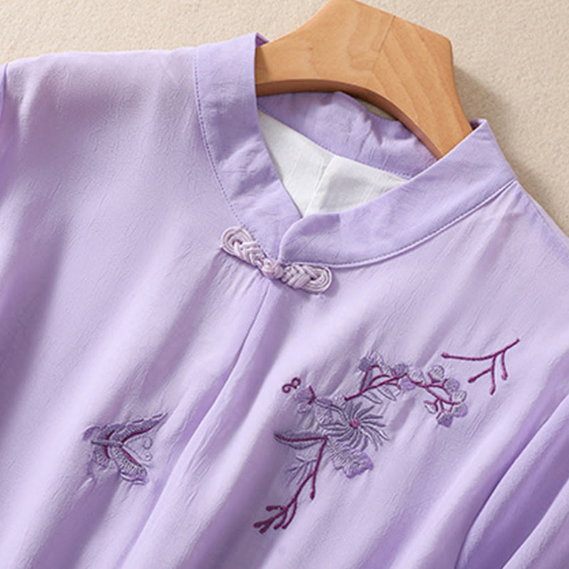 Buddha Stones Embroidery Plants Flower Half Sleeve Plain Frog-Button Stand Collar Women's Shirt
