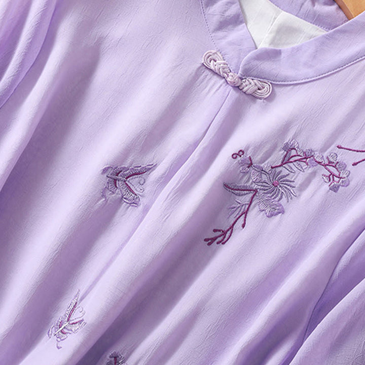 Buddha Stones Embroidery Plants Flower Half Sleeve Plain Frog-Button Stand Collar Women's Shirt