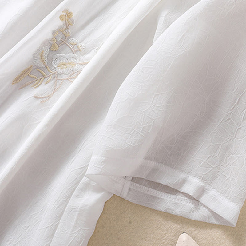 Buddha Stones Embroidery Plants Flower Half Sleeve Plain Frog-Button Stand Collar Women's Shirt
