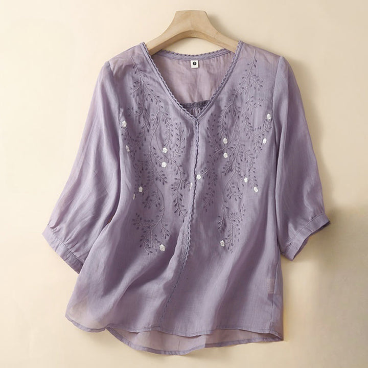 Buddha Stones Summer Casual Flower Branches Embroidered Pattern V-Neck Half Sleeve Women's T-shirt - MediumOrchid - US8-10，UK/AU12-14，EU40-42 (2XL) - image 7