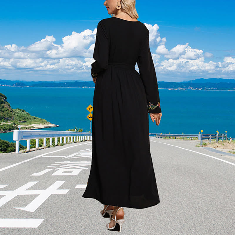 Buddha Stones Black Solid Color Loose Ethnic Embroidery Floral Pattern Cotton Maxi Dress - image 1