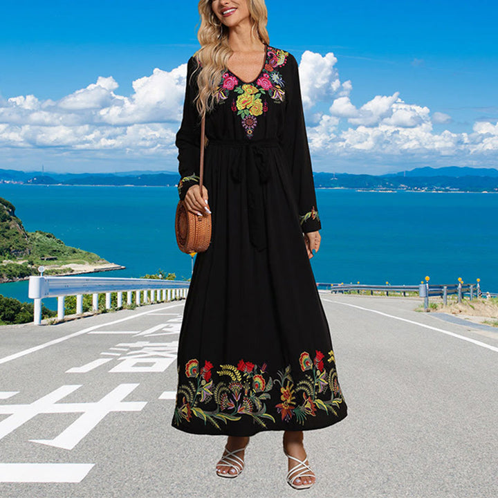 Buddha Stones Black Solid Color Loose Ethnic Embroidery Floral Pattern Cotton Maxi Dress - image 4