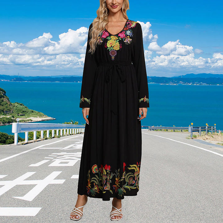 Buddha Stones Black Solid Color Loose Ethnic Embroidery Floral Pattern Cotton Maxi Dress - image 3