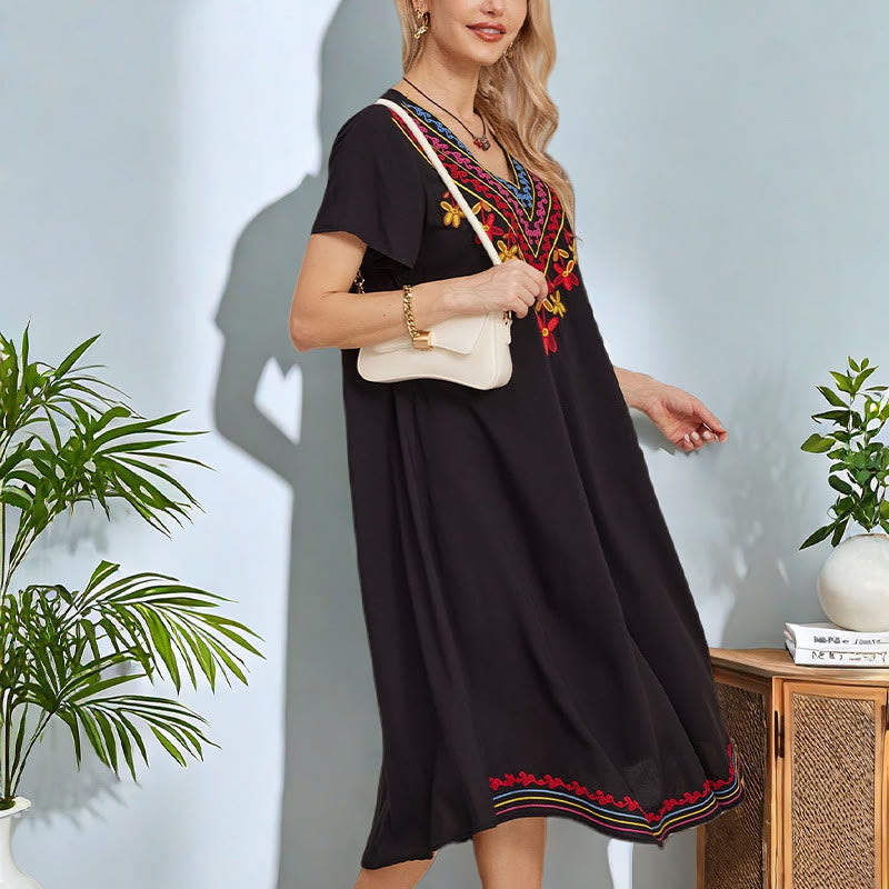 Buddha Stones Black Summer Casual Bohemian Embroidery Geometric Pattern Short Sleeve V-Neck Cotton Midi Dress