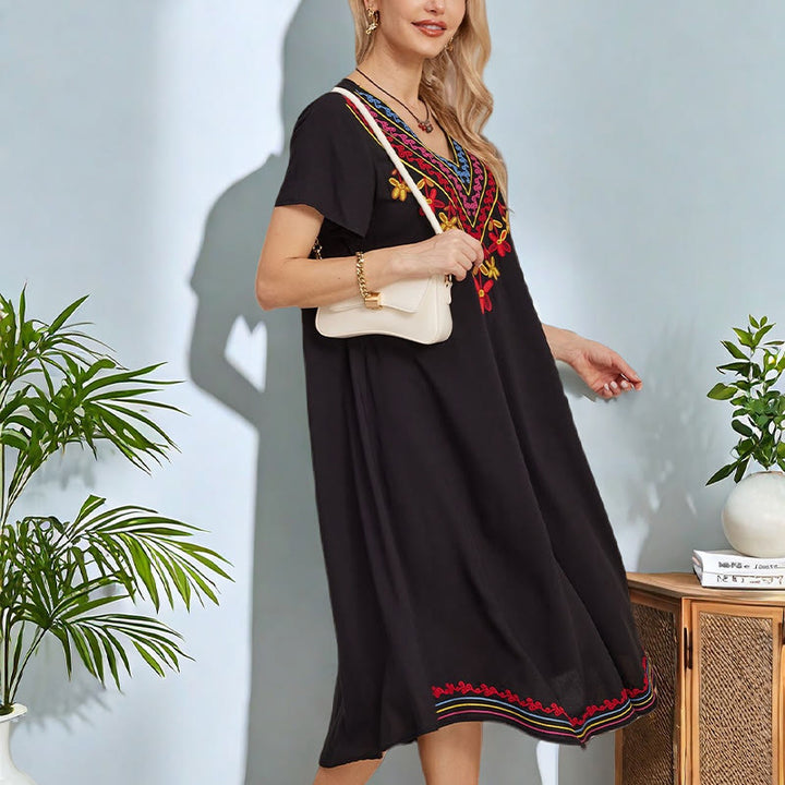 Buddha Stones Black Summer Casual Bohemian Embroidery Geometric Pattern Short Sleeve V-Neck Cotton Midi Dress
