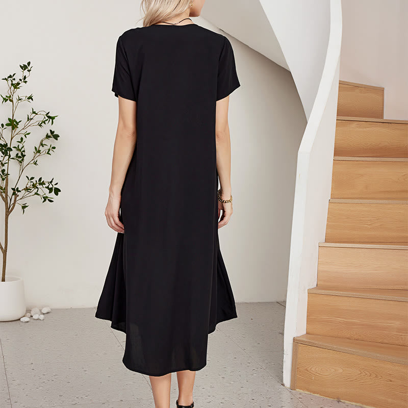Buddha Stones Black Summer Casual Bohemian Embroidery Geometric Pattern Short Sleeve V-Neck Cotton Midi Dress