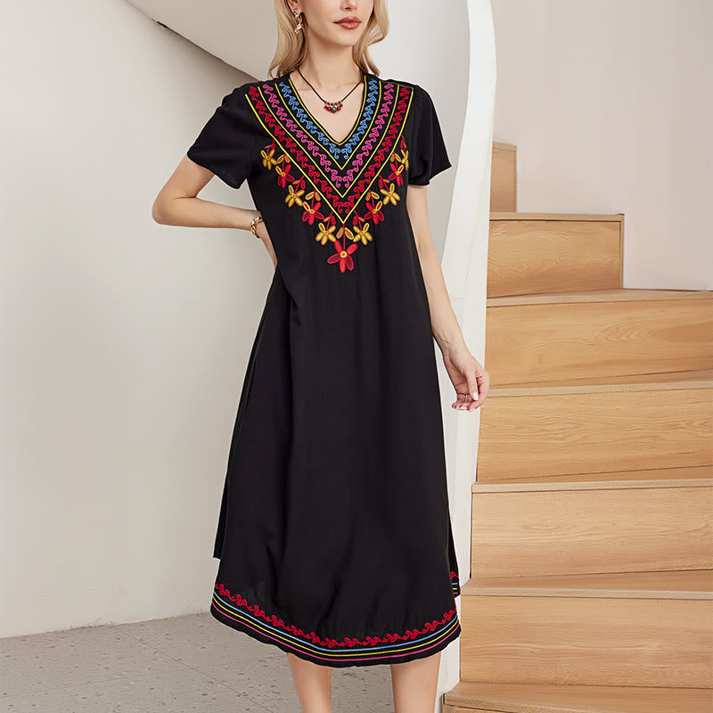 Buddha Stones Black Summer Casual Bohemian Embroidery Geometric Pattern Short Sleeve V-Neck Cotton Midi Dress - image 3