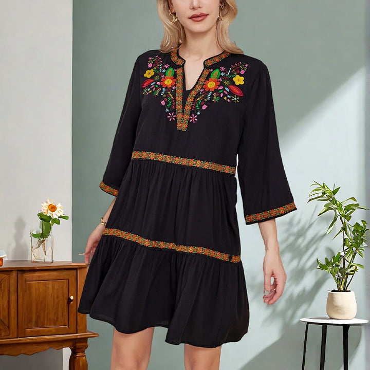 Buddha Stones Black Loose Bohemian Embroidery Floral Geometric Pattern Three Quarter Sleeve Cotton Midi Dress - Black - US8-10，UK/AU12-14，EU40-42 (2XL) - image 0