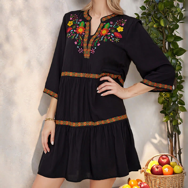 Buddha Stones Black Loose Bohemian Embroidery Floral Geometric Pattern Three Quarter Sleeve Cotton Midi Dress