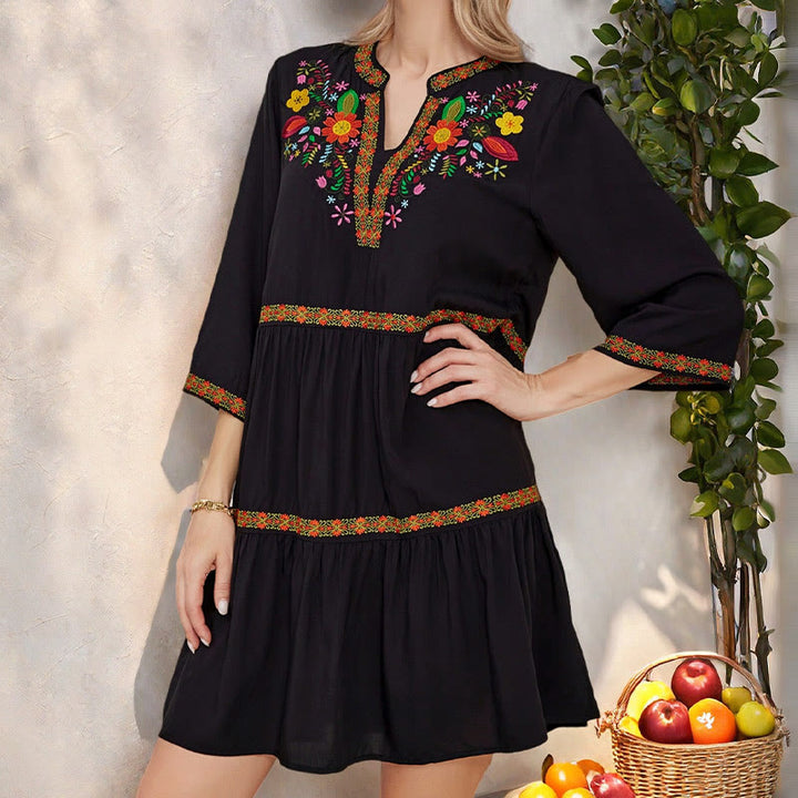 Buddha Stones Black Loose Bohemian Embroidery Floral Geometric Pattern Three Quarter Sleeve Cotton Midi Dress