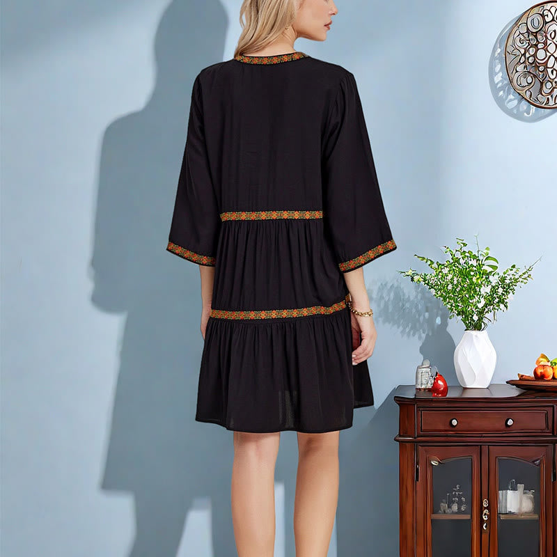 Buddha Stones Black Loose Bohemian Embroidery Floral Geometric Pattern Three Quarter Sleeve Cotton Midi Dress