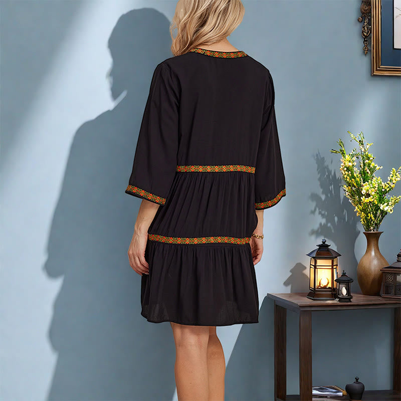 Buddha Stones Black Loose Bohemian Embroidery Floral Geometric Pattern Three Quarter Sleeve Cotton Midi Dress - image 5