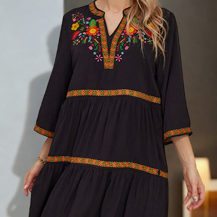 Buddha Stones Black Loose Bohemian Embroidery Floral Geometric Pattern Three Quarter Sleeve Cotton Midi Dress
