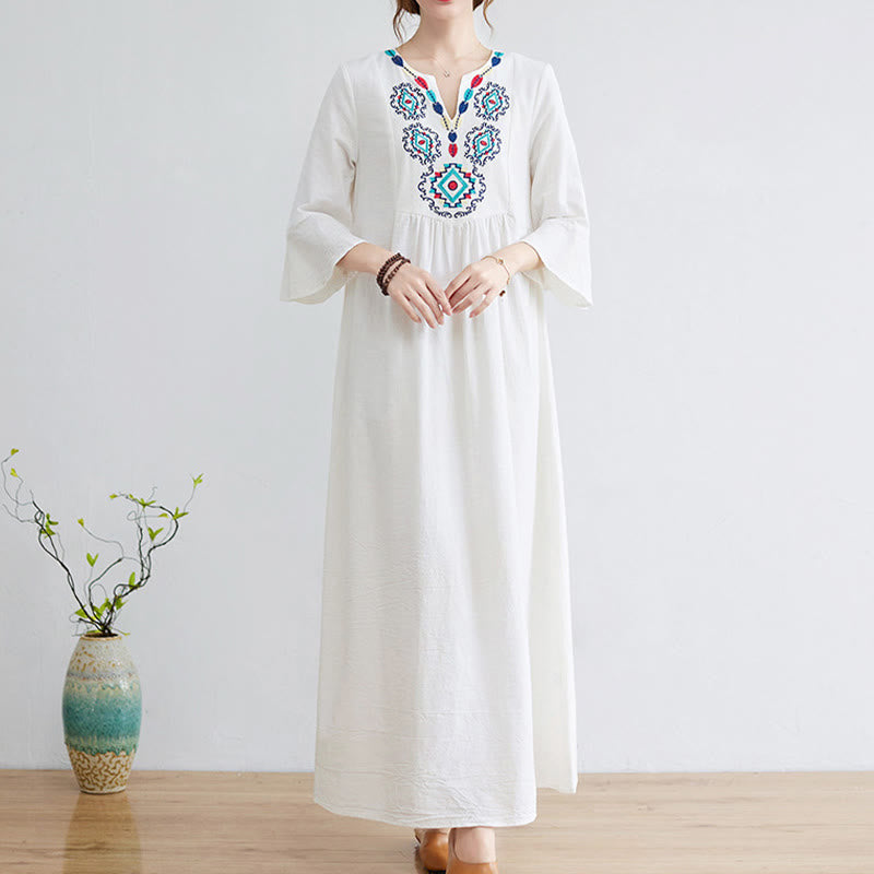 Buddha Stones Loose Plain Ethnic Embroidery Floral Pattern Three Quarter Sleeve Cotton Linen Maxi Dress - image 1