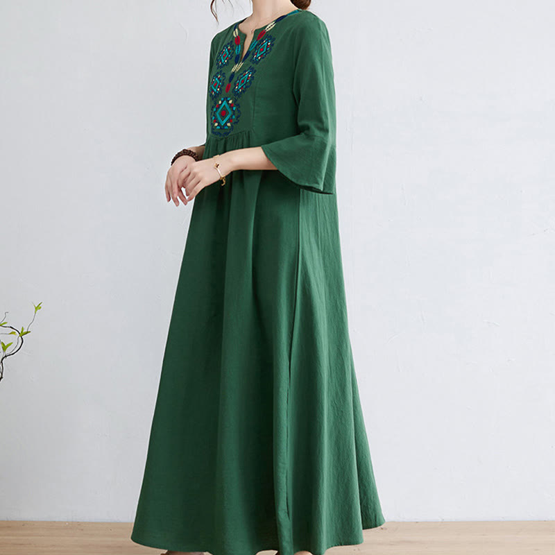 Buddha Stones Loose Plain Ethnic Embroidery Floral Pattern Three Quarter Sleeve Cotton Linen Maxi Dress - image 16