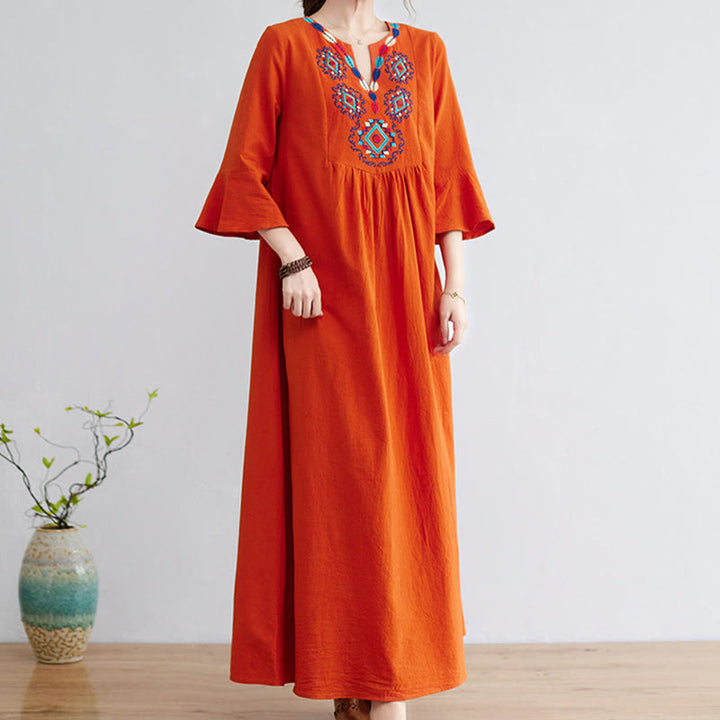 Buddha Stones Loose Plain Ethnic Embroidery Floral Pattern Three Quarter Sleeve Cotton Linen Maxi Dress - image 12