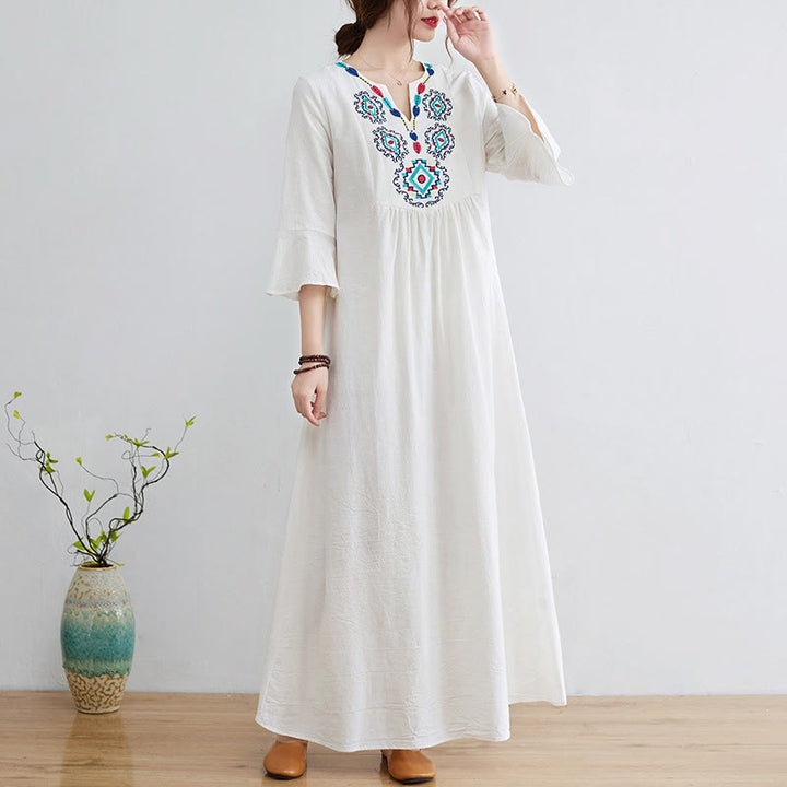 Buddha Stones Loose Plain Ethnic Embroidery Floral Pattern Three Quarter Sleeve Cotton Linen Maxi Dress - FloralWhite - US8-10，UK/AU12-14，EU40-42 (2XL) - image 0