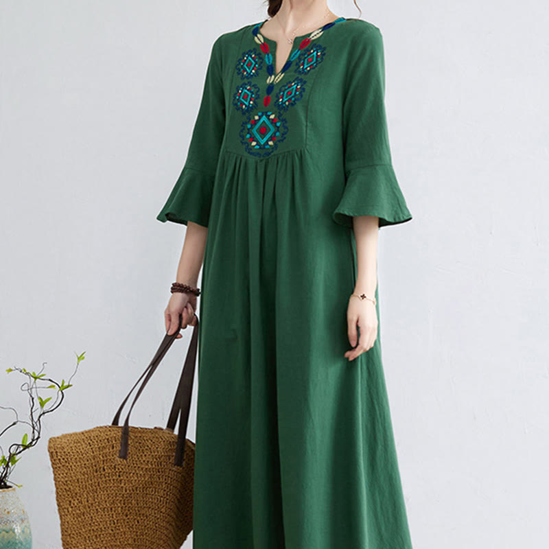 Buddha Stones Loose Plain Ethnic Embroidery Floral Pattern Three Quarter Sleeve Cotton Linen Maxi Dress - image 18