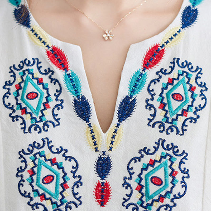 Buddha Stones Loose Plain Ethnic Embroidery Floral Pattern Three Quarter Sleeve Cotton Linen Maxi Dress - image 5