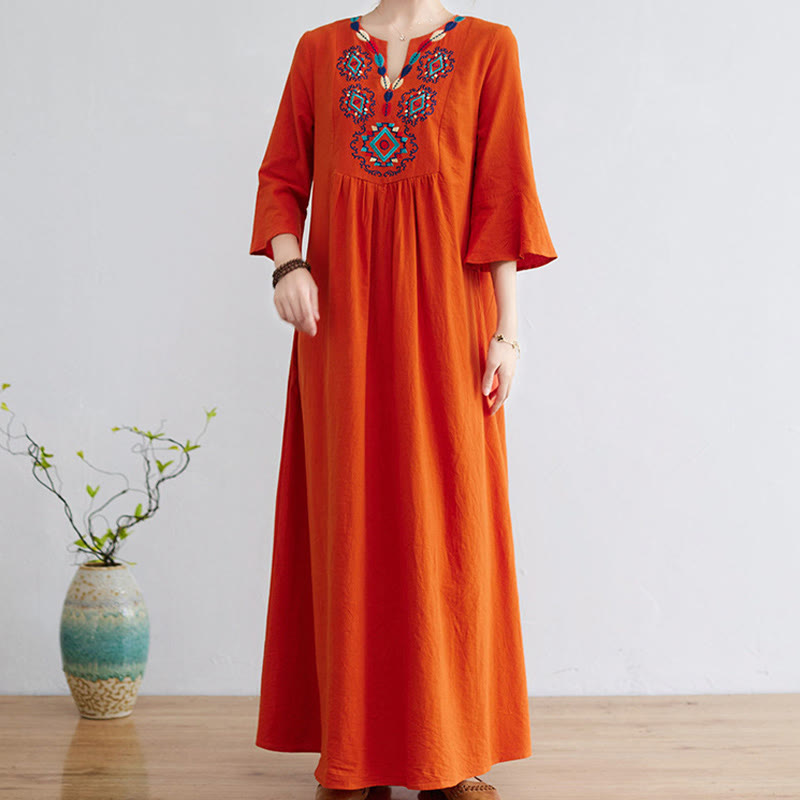 Buddha Stones Loose Plain Ethnic Embroidery Floral Pattern Three Quarter Sleeve Cotton Linen Maxi Dress - image 10