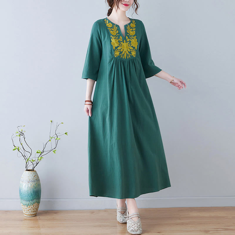 Buddha Stones Casual Bohemia Embroidery Floral Simple Design Three Quarter Sleeve V-Neck Cotton Linen Maxi Dress - Green - US8-10，UK/AU12-14，EU40-42 (2XL) - image 18