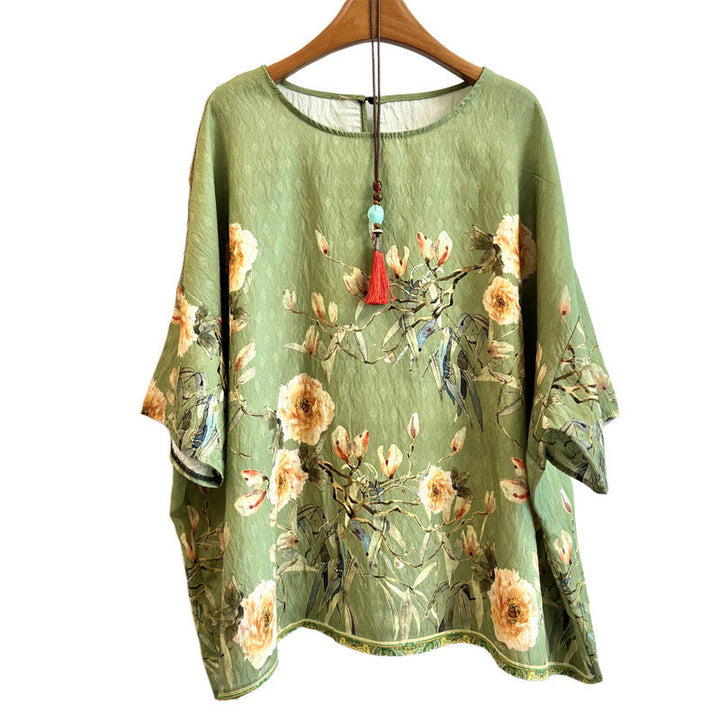 Buddha Stones Casual Loose Print Petals Women's Crew Neck Design Half Sleeve Polyester T-shirt