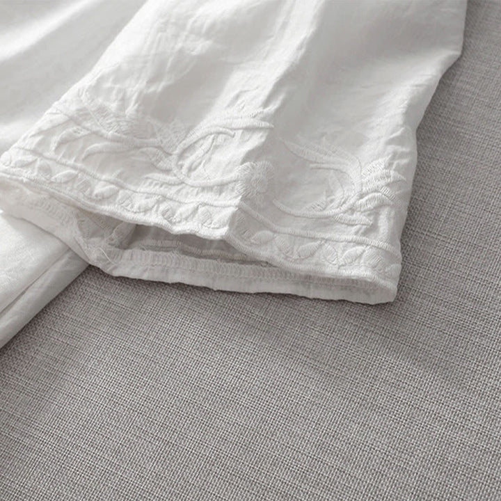 Buddha Stones Summer White Pure Color Embroidery Leaf Flower V-Neck Short Sleeve Midi Dress With Pockets - image 10