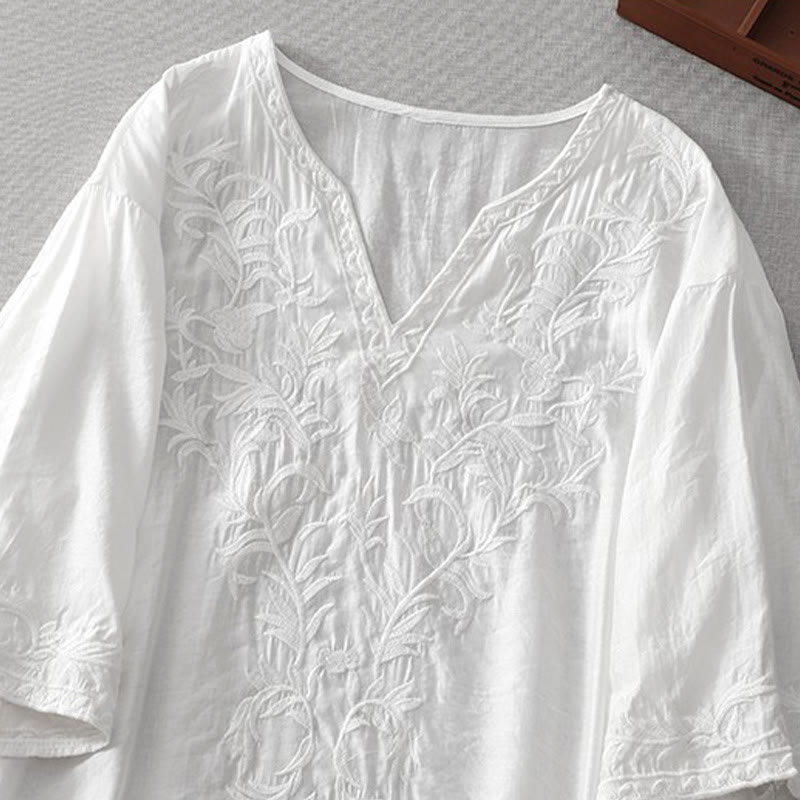 Buddha Stones Summer White Pure Color Embroidery Leaf Flower V-Neck Short Sleeve Midi Dress With Pockets - image 3