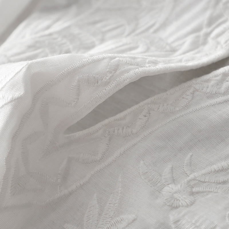 Buddha Stones Summer White Pure Color Embroidery Leaf Flower V-Neck Short Sleeve Midi Dress With Pockets - image 7