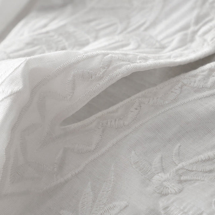 Buddha Stones Summer White Pure Color Embroidery Leaf Flower V-Neck Short Sleeve Midi Dress With Pockets - image 7