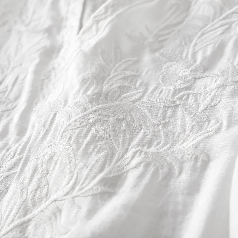Buddha Stones Summer White Pure Color Embroidery Leaf Flower V-Neck Short Sleeve Midi Dress With Pockets - image 5