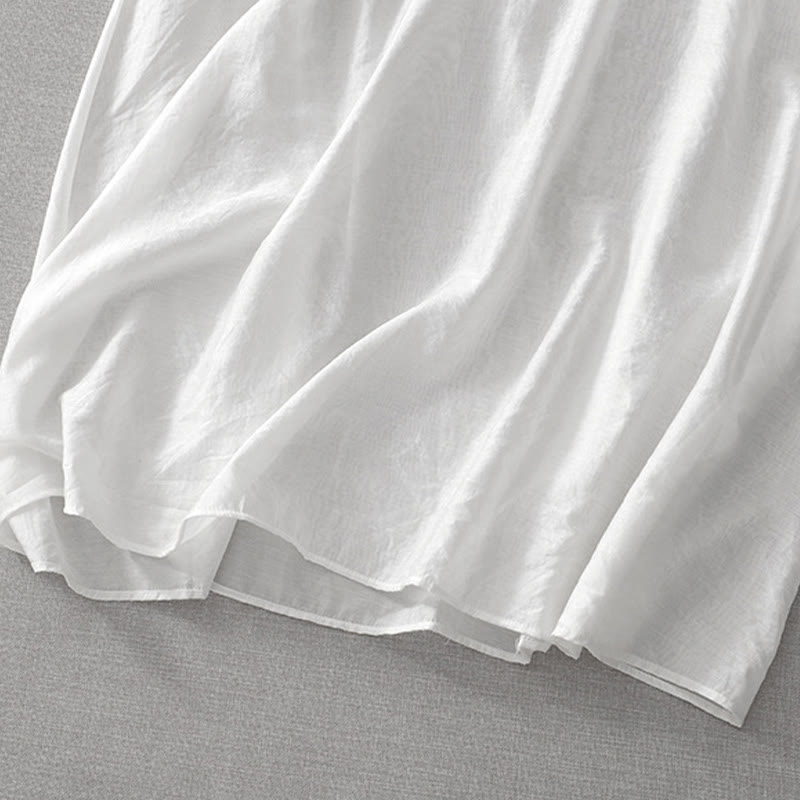 Buddha Stones Summer White Pure Color Embroidery Leaf Flower V-Neck Short Sleeve Midi Dress With Pockets - image 11