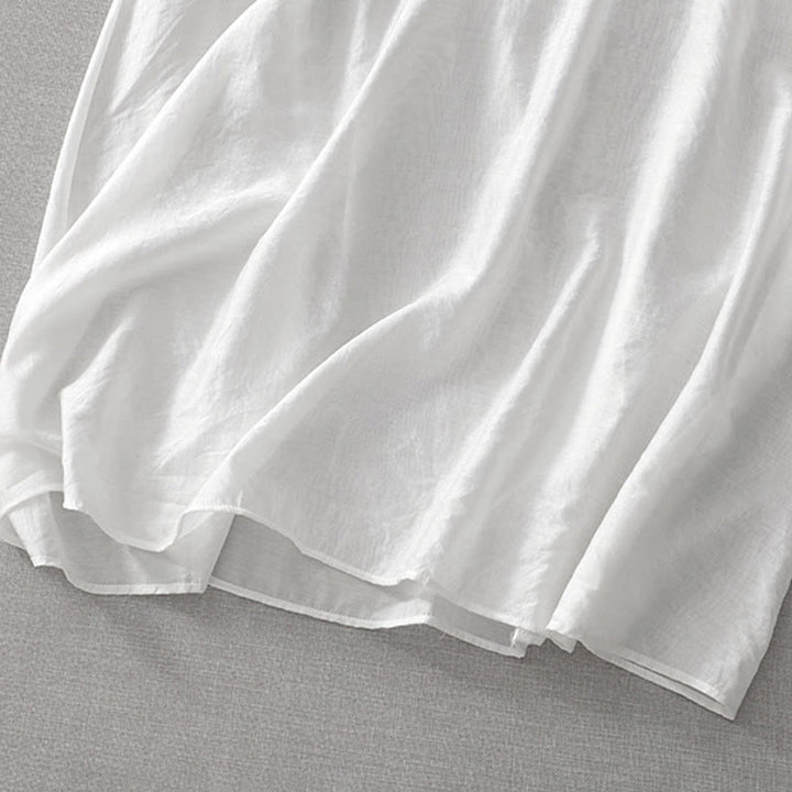 Buddha Stones Summer White Pure Color Embroidery Leaf Flower V-Neck Short Sleeve Midi Dress With Pockets - image 11