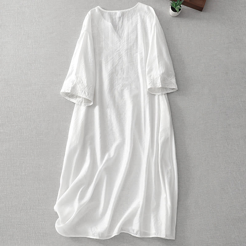 Buddha Stones Summer White Pure Color Embroidery Leaf Flower V-Neck Short Sleeve Midi Dress With Pockets - image 1